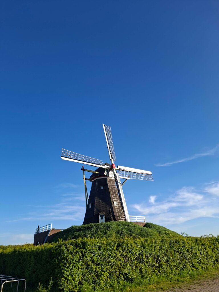 Typische niederländische Windmühle in der Natur unterwegs mit dem Camper in den Niederlanden zwischen Feldern und Tulpenregionen.