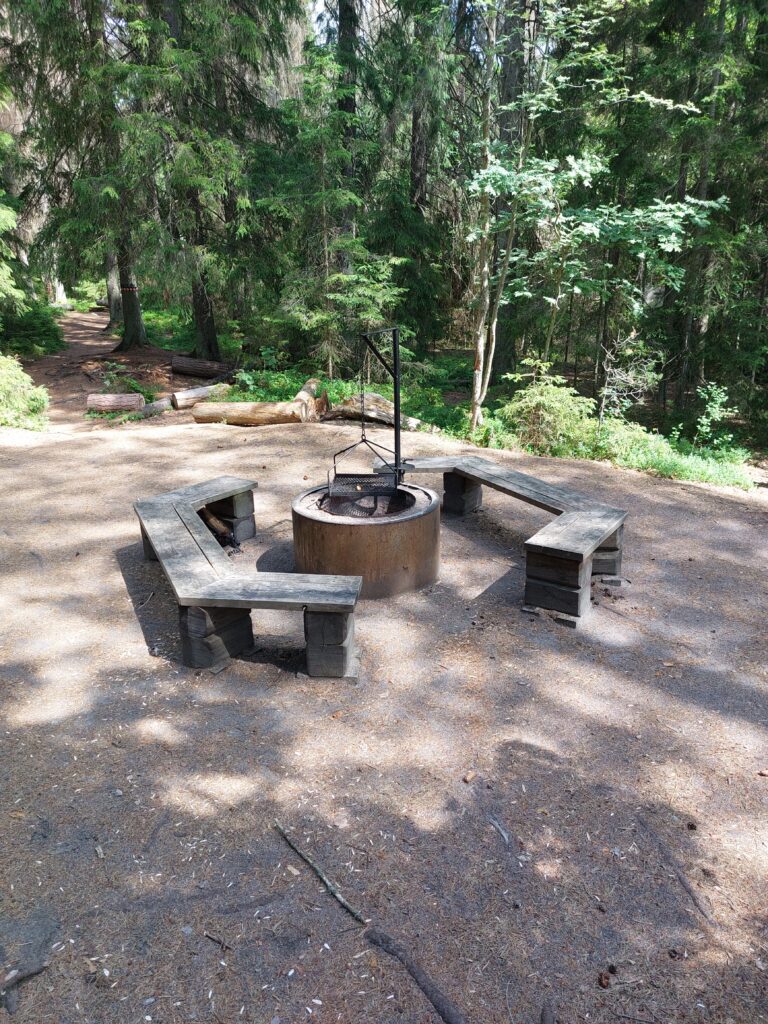 Feuerstelle in Schweden , sichere grill und Lagerfeuerstelle im rahmen des Jedermannsrecht. Gemütlich für alle.. Bänke und eine Feuerstelle.
