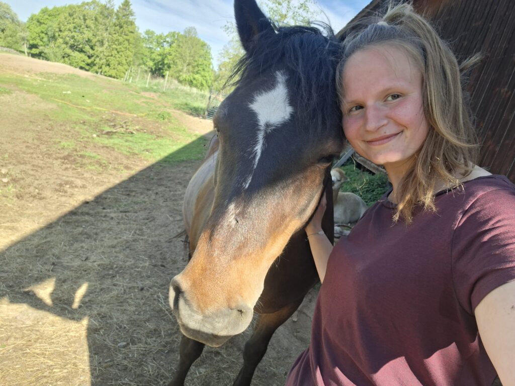 Jacqueline mit einem Pferd auf einen Hof, während der Camper reise. das Bild ist entstanden als sie auf einen Hof geholfen hat in Schweden. Das Pferd ist Braun und heißt Tulla.