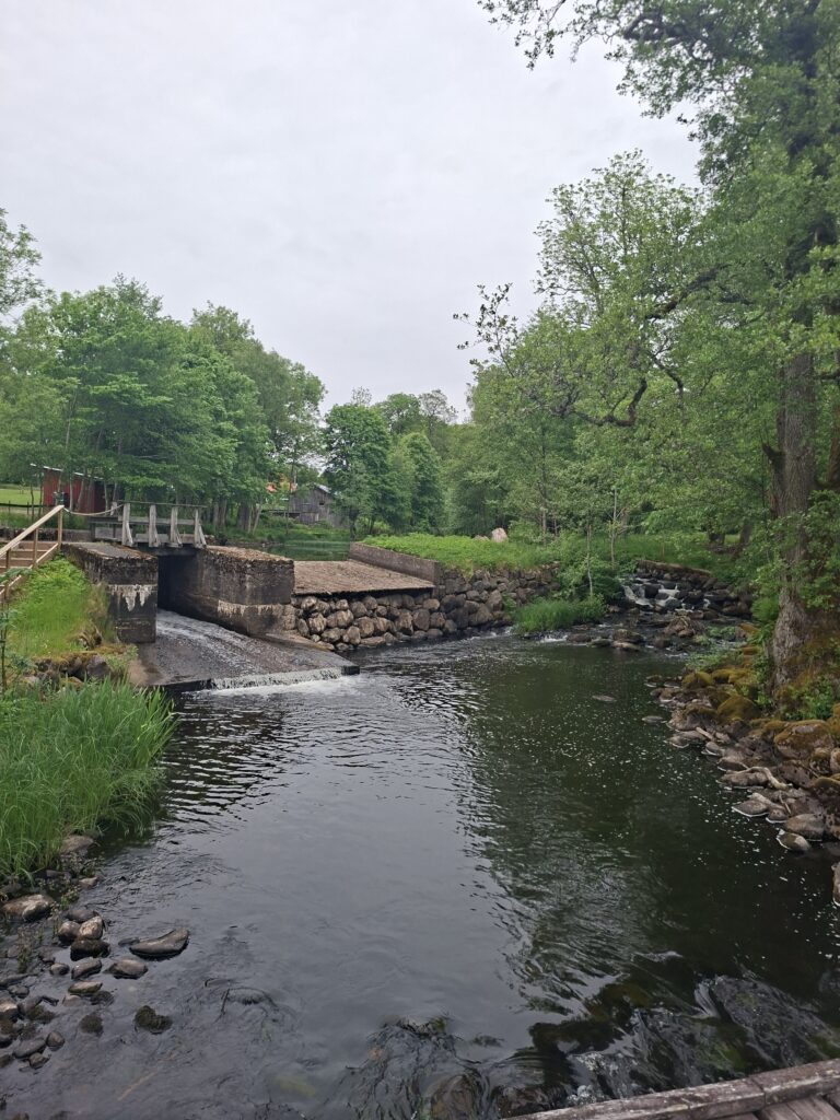 Ruhiger Fluss mit kleiner Holzbrücke und viel Natur in Schweden während unserer 6 Wochen Schweden mit dem Camper