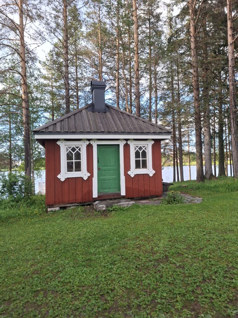 Kleines rotes Holzhaus mit grüner Tür am Waldrand und Blicke auf einen See in Schweden, Das Bild ergänzt den Abschnitt über die Untersuchungspflicht beim Haus kaufen in Schweden und zeigt ein typisches schwedisches Haus in naturnaher Lage.