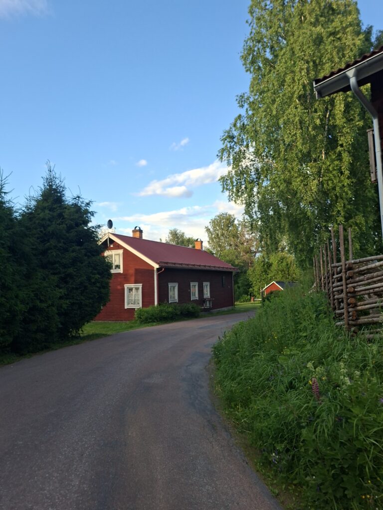 Typisch rotes Holzhaus mit weiß eingerahmten Fenster an einer ruhigen Straße in Schweden, umgeben von Birken und viel Natur. Das Bild zeigt ein klassisches Wohnhaus und passt zum Thema Hauskaufen in schweden
