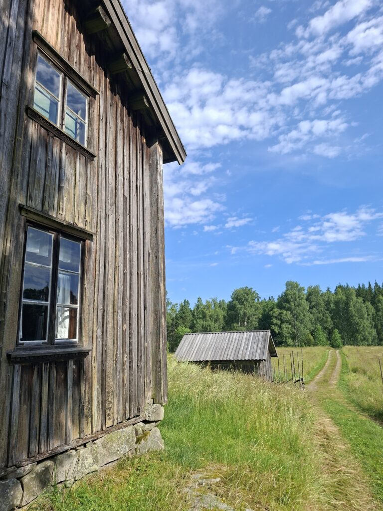 Altes schwedisches Holzhaus mit großem Fenster, Scheune und Wiese vor einem Wald unter blauen Himmel während unserer Reise durch Schweden