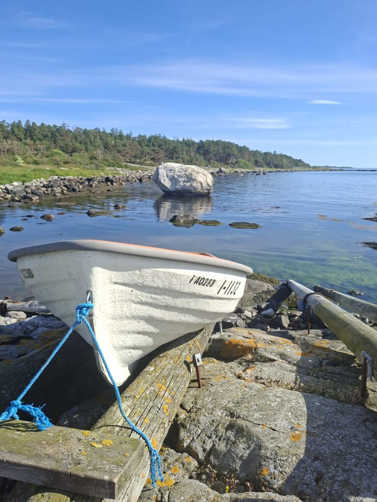 Kleines Boot am Ufer von Tromøy mit glasklarem Wasser und felsiger Küste in Südnorwegen.