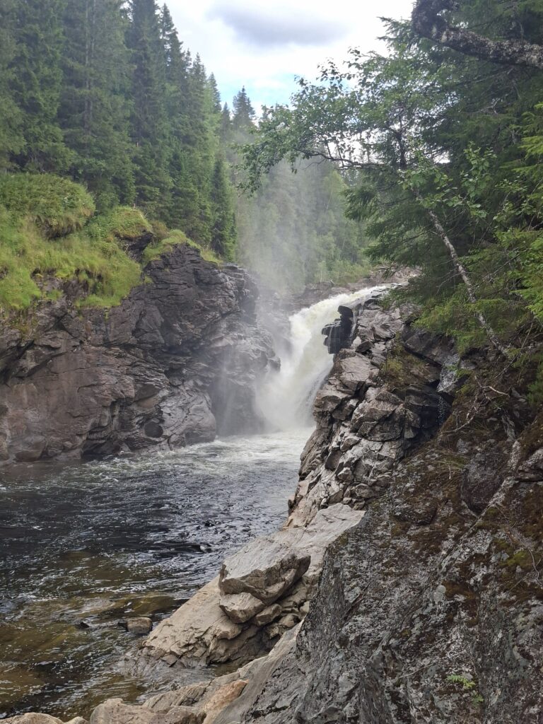 Wasserfall inmitten eines bewaldeten Naturgebiets in Norwegen. Das Wasser stürzt zwischen Felsen ins Tal und lädt zu einer kurzen Wanderung ein.
